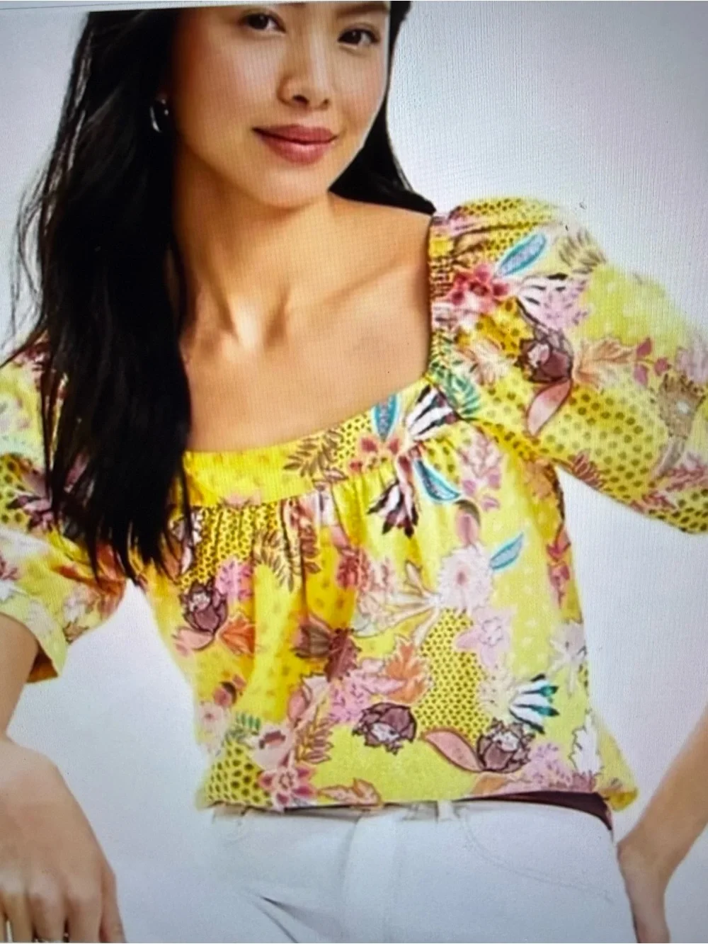 LOFT Yellow Floral Linen Blend Square Neckline Puff Sleeve Tropical Blouse XL